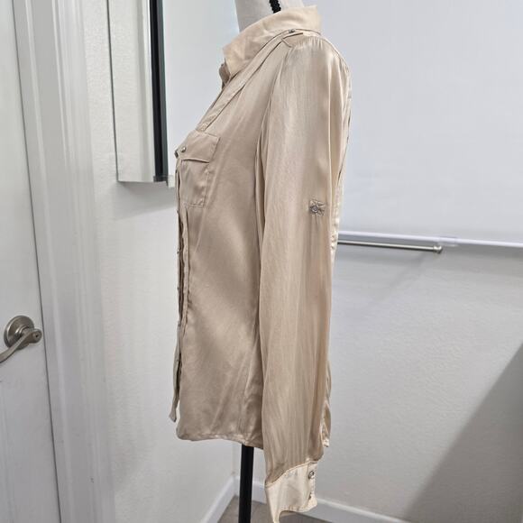 Women's Silk Blouse Sz 4 Champagne Button Down Long Sleeve Workwear Minimalist - Picture 4 of 10
